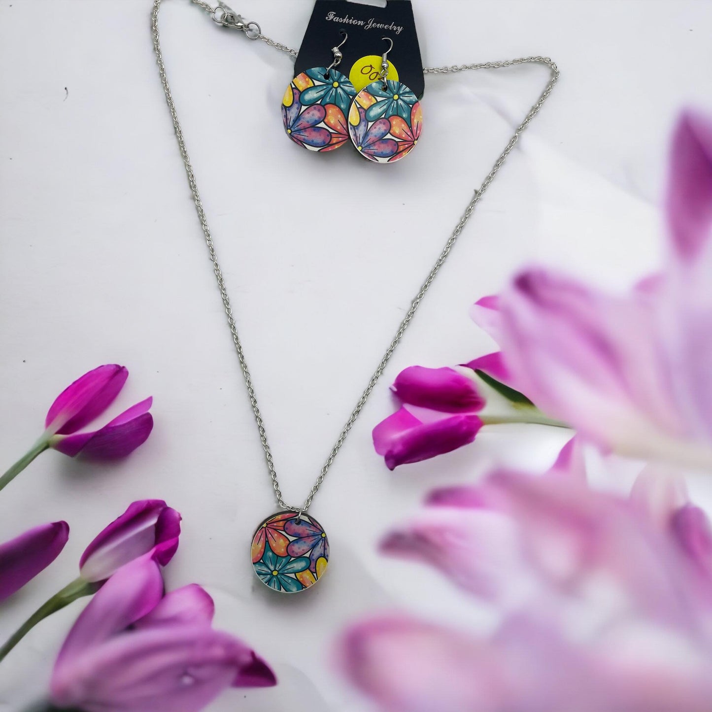 Handmade Sublimation Floral Necklace and Earrings Set