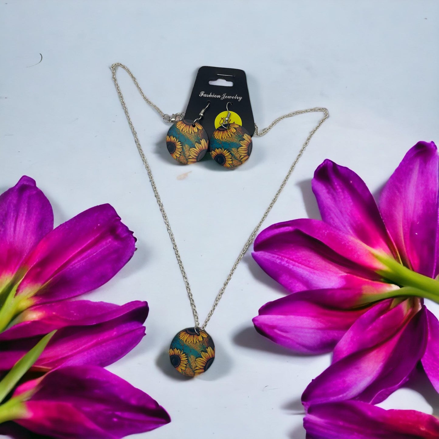 Handmade Sublimation Sunflower Necklace and Earrings Set