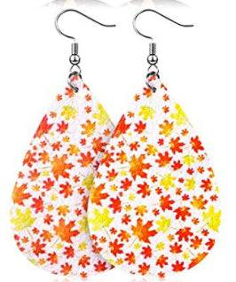 Fall Faux Leather Earrings - White Green leaves Multi - Heather's Heavenly Boutique