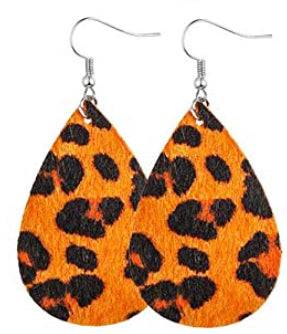 Faux Fuzzy Leather Teardrop Earrings - Orange Leopard Print - Heather's Heavenly Boutique