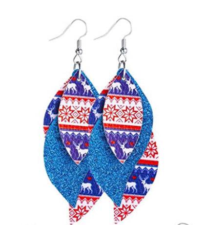 Faux Leather Earrings Reindeer Snowflake - Christmas Blue and Red - Heather's Heavenly Boutique