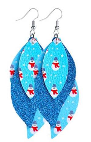 Faux Leather Layered Christmas Earrings - Blue Snowman - Heather's Heavenly Boutique