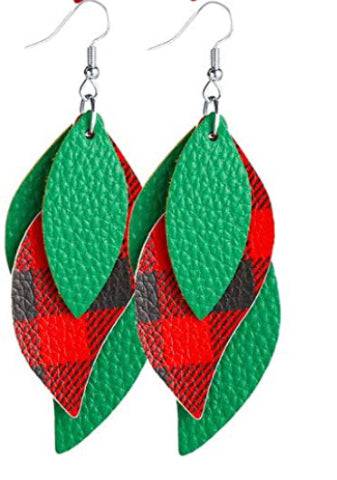 Faux Leather Layered Christmas Earrings - Green and Red Plaid - Heather's Heavenly Boutique