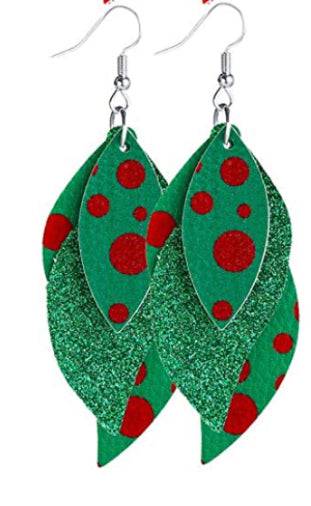 Faux Leather Layered Christmas Earrings - Green Red Polka Dots - Heather's Heavenly Boutique