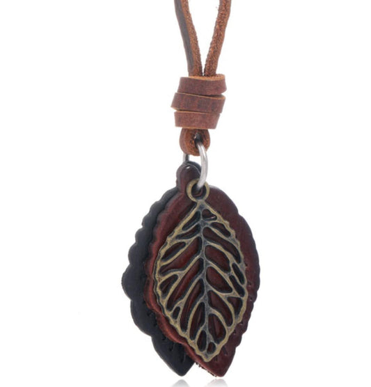 Men Urban Fashion Retro Leaf Pendant Leather Necklace - Brown - Heather's Heavenly Boutique