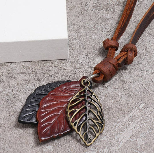 Men Urban Fashion Retro Leaf Pendant Leather Necklace - Brown - Heather's Heavenly Boutique