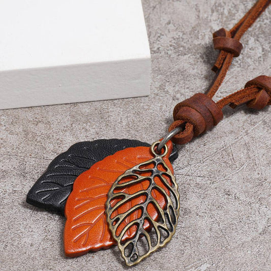 Men’s Urban Fashion Retro Leaf Pendant Leather Necklace - Orange - Heather's Heavenly Boutique