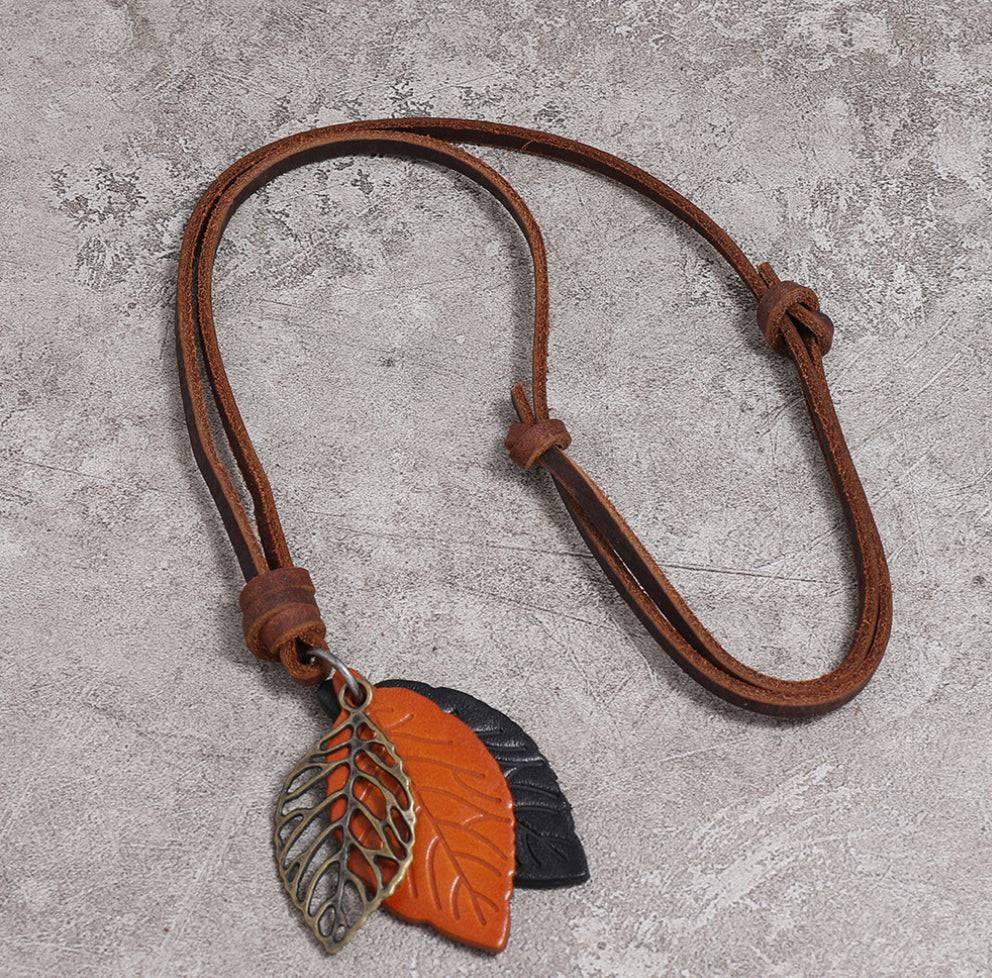 Men’s Urban Fashion Retro Leaf Pendant Leather Necklace - Orange - Heather's Heavenly Boutique