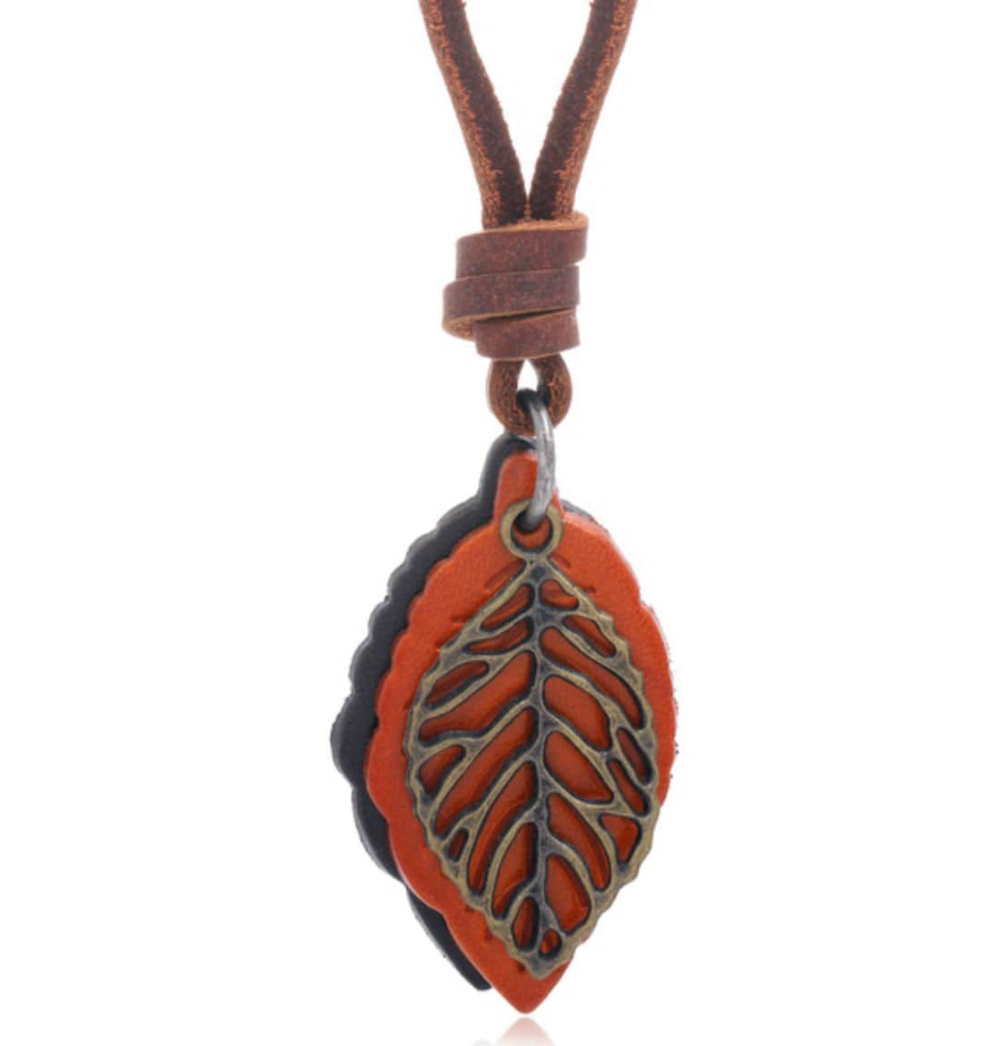 Men’s Urban Fashion Retro Leaf Pendant Leather Necklace - Orange - Heather's Heavenly Boutique