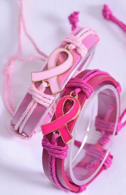 Bracelet Real Leather Band Breast Cancer Pink Ribbon - Heather's Heavenly Boutique