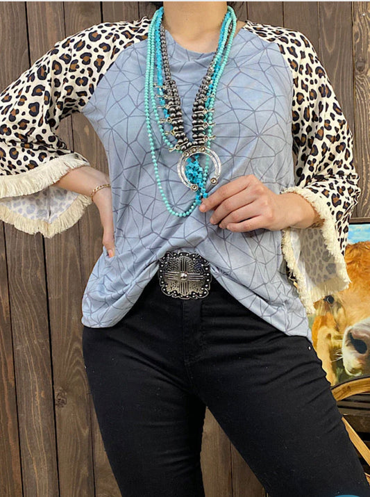 Pre-Order! New Release Blue blouse w/leopard printed & tassels bell sleeves - Heather's Heavenly Boutique