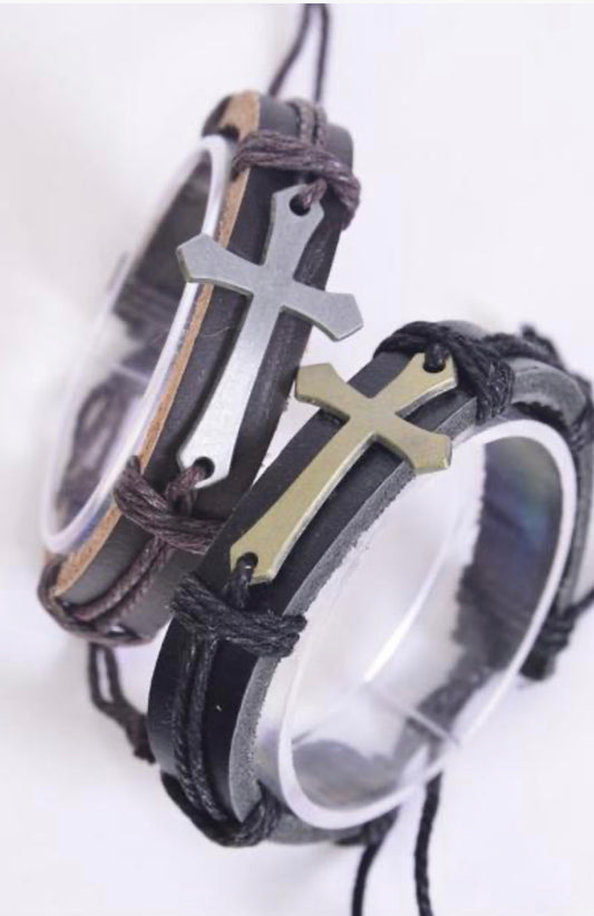 Bracelet Real Leather Band Sideways Cross