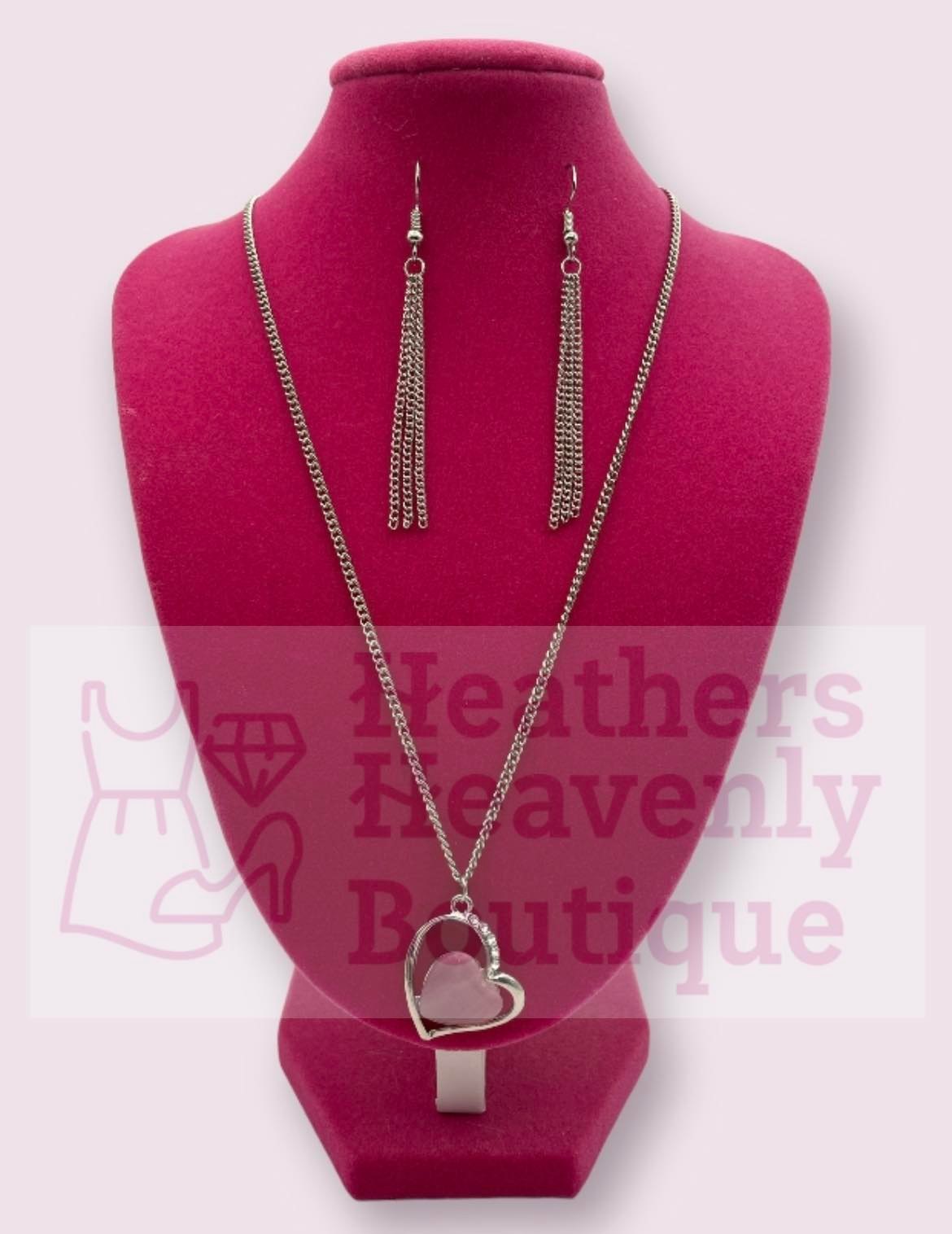 Light Pink Moonstone Heart Silver Necklace with Tassels Earrings - Heather's Heavenly Boutique
