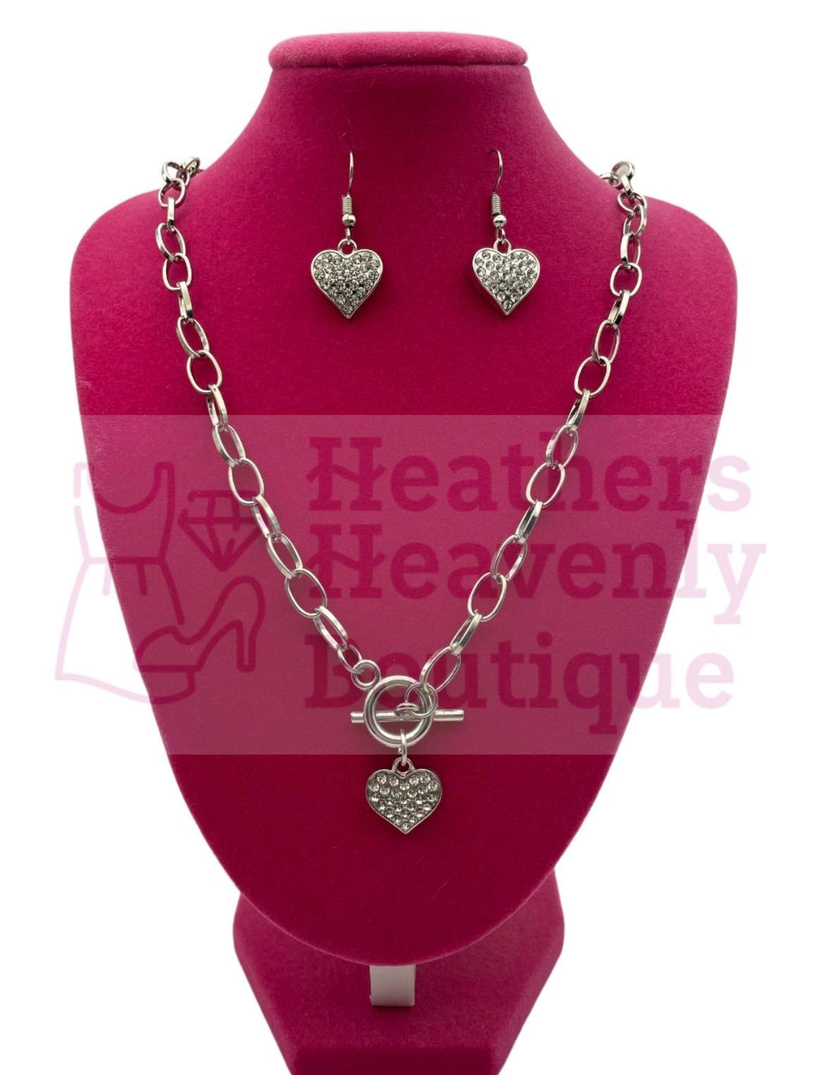 White Rhinestone Heart Necklace with Matching Earrings - Heather's Heavenly Boutique