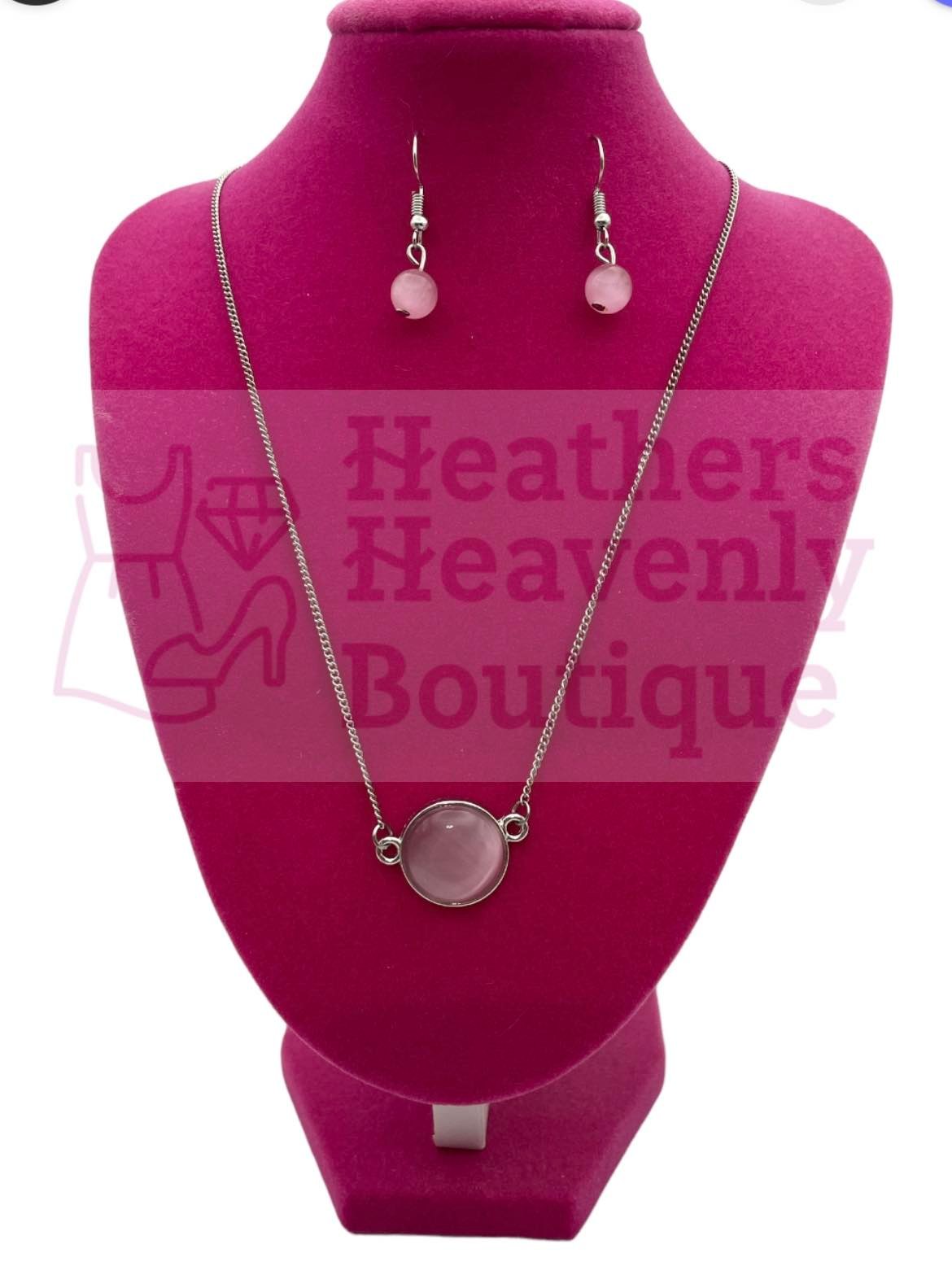 Pink Moonstone Circle Pendant Necklace with Matching Earrings - Heather's Heavenly Boutique