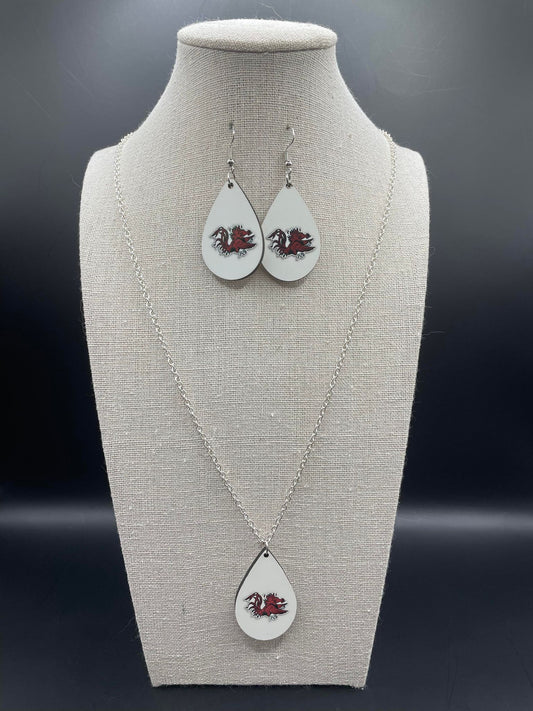 Fall for Football Carolina Gamecocks Teardrop Handmade Sublimation Earrings and Necklace Set - Heather's Heavenly Boutique