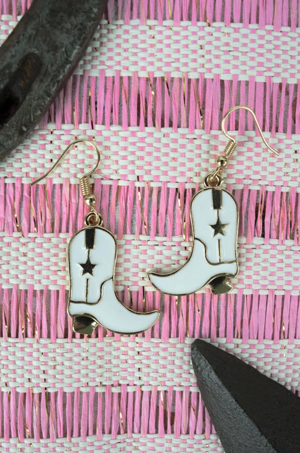 New Release Western White Cattlemountain Boot Dangle Earrings - Heather's Heavenly Boutique